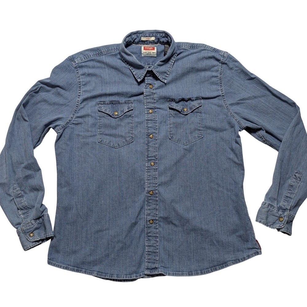 VTG Wrangler Indigo Pearl Snap Mens XL Blue Denim Western Shirt Long Sleeveโ